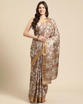 women floral print saree with contrast border