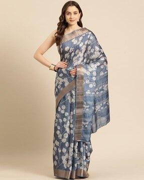 women floral print saree with contrast border