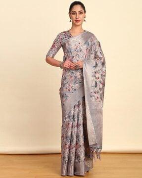 women floral print saree with contrast border