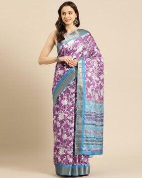 women floral print saree with contrast border