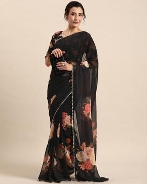 women floral print saree with contrast border