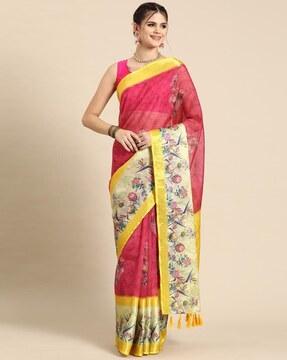 women floral print saree with contrast border