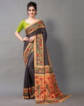 women floral print saree with contrast border