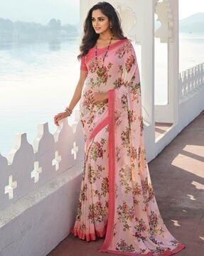 women floral print saree with contrast border