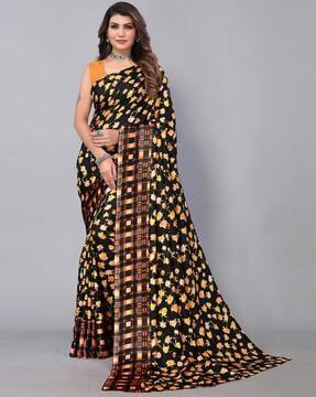 women floral print saree with contrast border