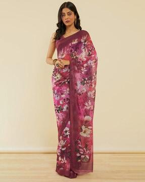 women floral print saree with contrast border