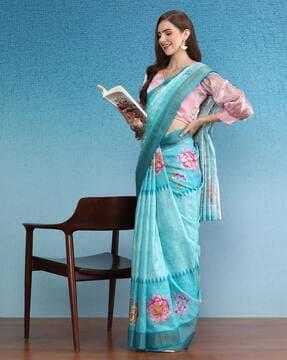 women floral print saree with contrast border