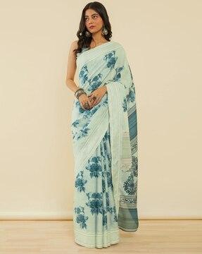 women floral print saree with contrast border