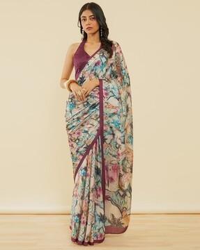 women floral print saree with contrast border