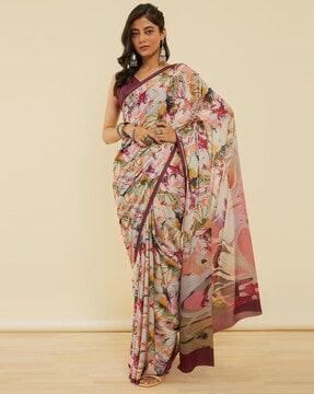 women floral print saree with contrast border