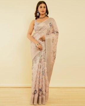 women floral print saree with contrast border