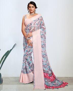 women floral print saree with contrast border