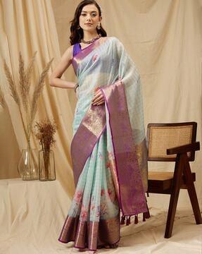 women floral print saree with contrast border