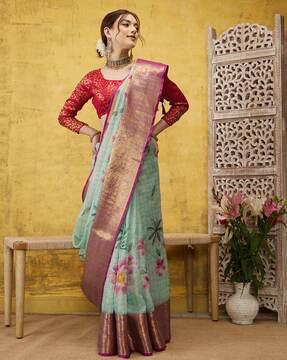 women floral print saree with contrast border