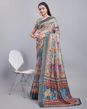 women floral print saree with contrast border