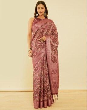 women floral print saree with contrast zari border