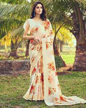 women floral print saree with embroidered border