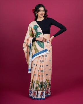 women floral print saree with fringed border