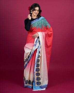 women floral print saree with fringed border