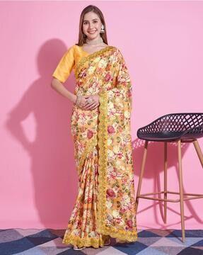 women floral print saree with lace border & unstitched blouse piece
