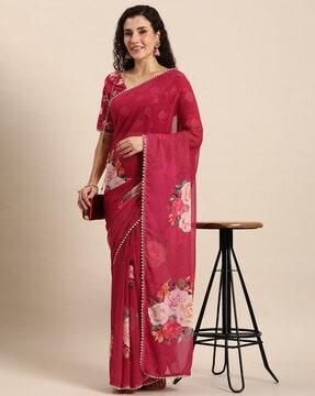 women floral print saree with lace border