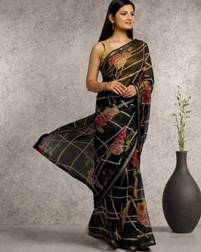 women floral print saree with lace border