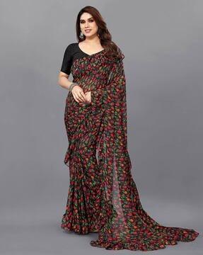 women floral print saree with ruffled detail