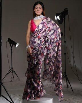 women floral print saree with ruffles