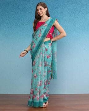 women floral print saree with thin border