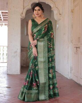 women floral print saree with unstitched blouse piece