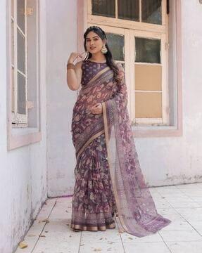 women floral print saree with unstitched blouse piece