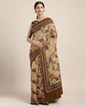 women floral print saree with woven border