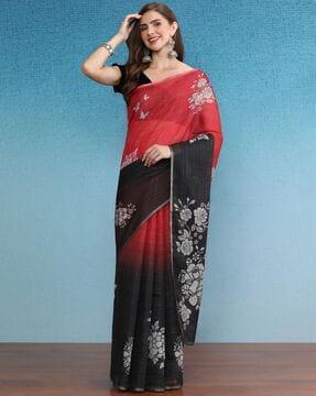 women floral print saree with zari accent