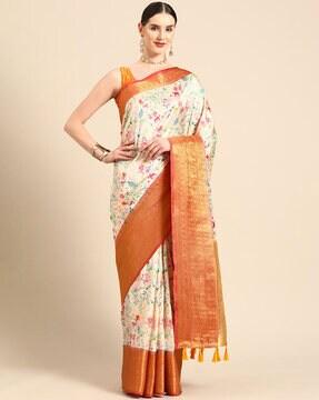 women floral print saree with zari border