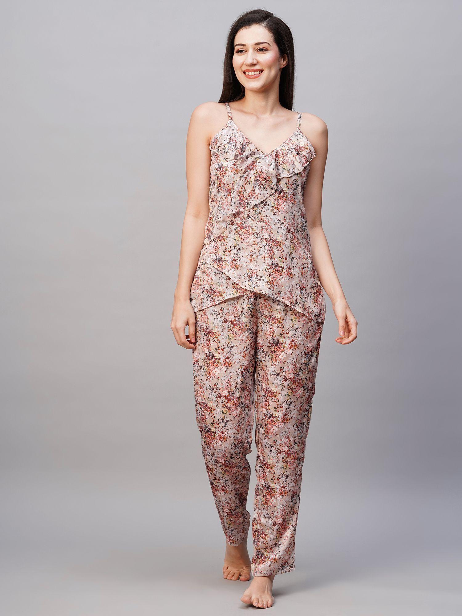 women floral print satin night suit (set of 2)