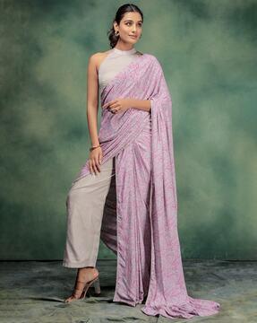 women floral print satin pre-stitched saree