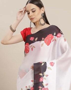 women floral print satin saree