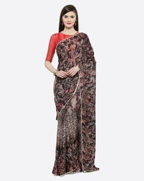women floral print satin saree