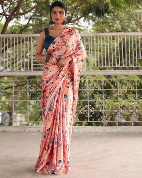 women floral print satin saree