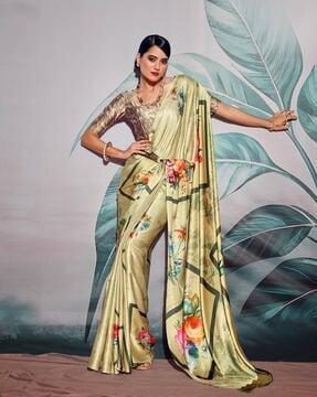 women floral print satin silk saree