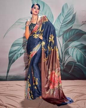 women floral print satin silk saree