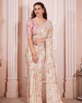 women floral print satin silk saree