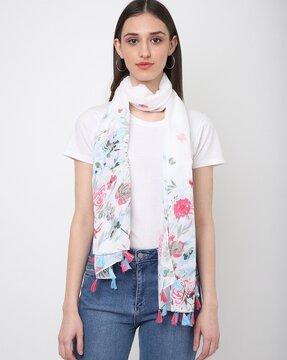 women floral print scarf with tassels