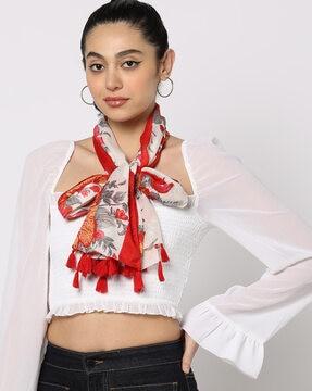 women floral print scarf with tassels