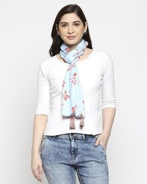 women floral print scarf with tassels