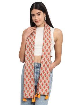 women floral print scarf with tassels