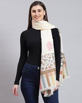 women floral print shawl with fringed hem