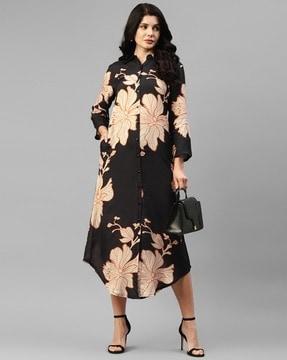 women floral print shirt dress with insert pockets