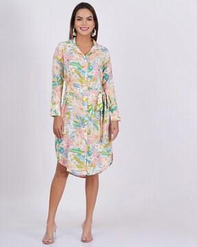 women floral print shirt dress with tie-up