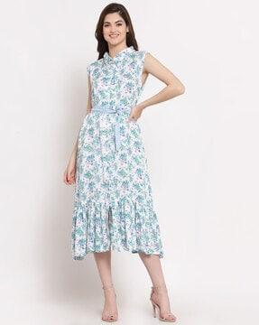 women floral print shirt dress with waist tie-up